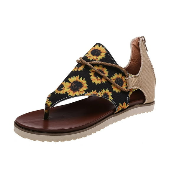 Women Summer Clip-Toe Sunflower Shoes Zipper Comfy Flats Casual Beach Sandals