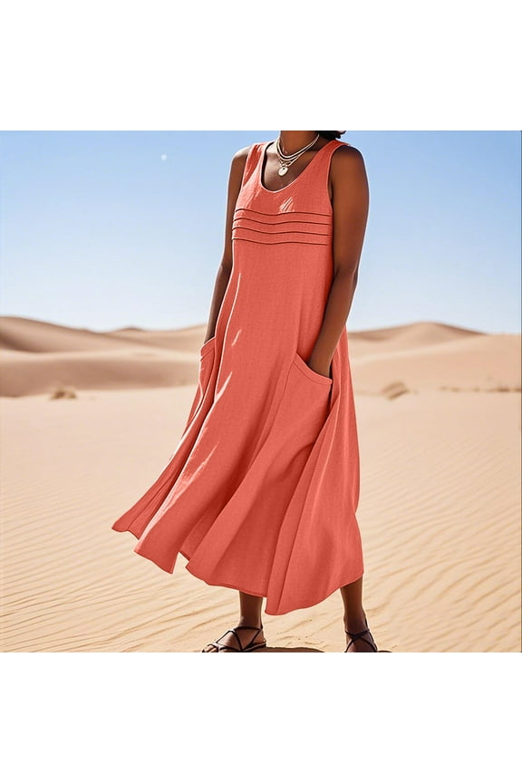 Women Summer Clothes,Sriper Cotton and Linen Mini Dress,Fashion Solid V Neck Short Sleeve T Shirt Sleeveless Tank Dress Maxi with Pockets,Vestidos Casuales Para Mujer Cortos,Orange 2X