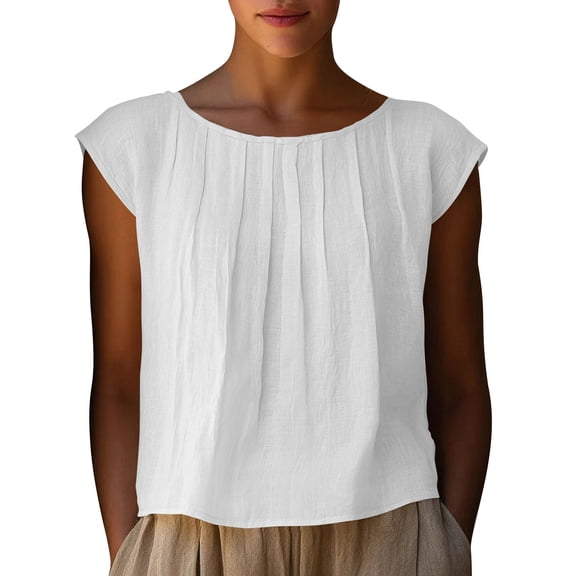 Women Summer Cotton Crop Tank Tops Casual Pleated Crewneck Solid Color SleevelessTshirts Loose Comfy Soft Cropped Camisole