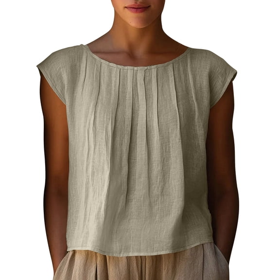 Women Summer Cotton Crop Tank Tops Casual Pleated Crewneck Solid Color SleevelessTshirts Loose Comfy Soft Cropped Camisole