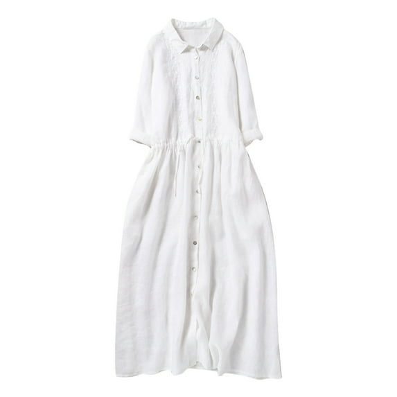 Women Summer Cotton Linen Dress 3/4 Sleeve Crew Neck Loose Long Dress Double Layers Flowy Smocked Tiered Dress White L