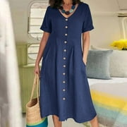 Women Summer Cotton Linen Dress Casual V-Neck Solid Short Sleeve Button Dress with Pocket Dresses for Women