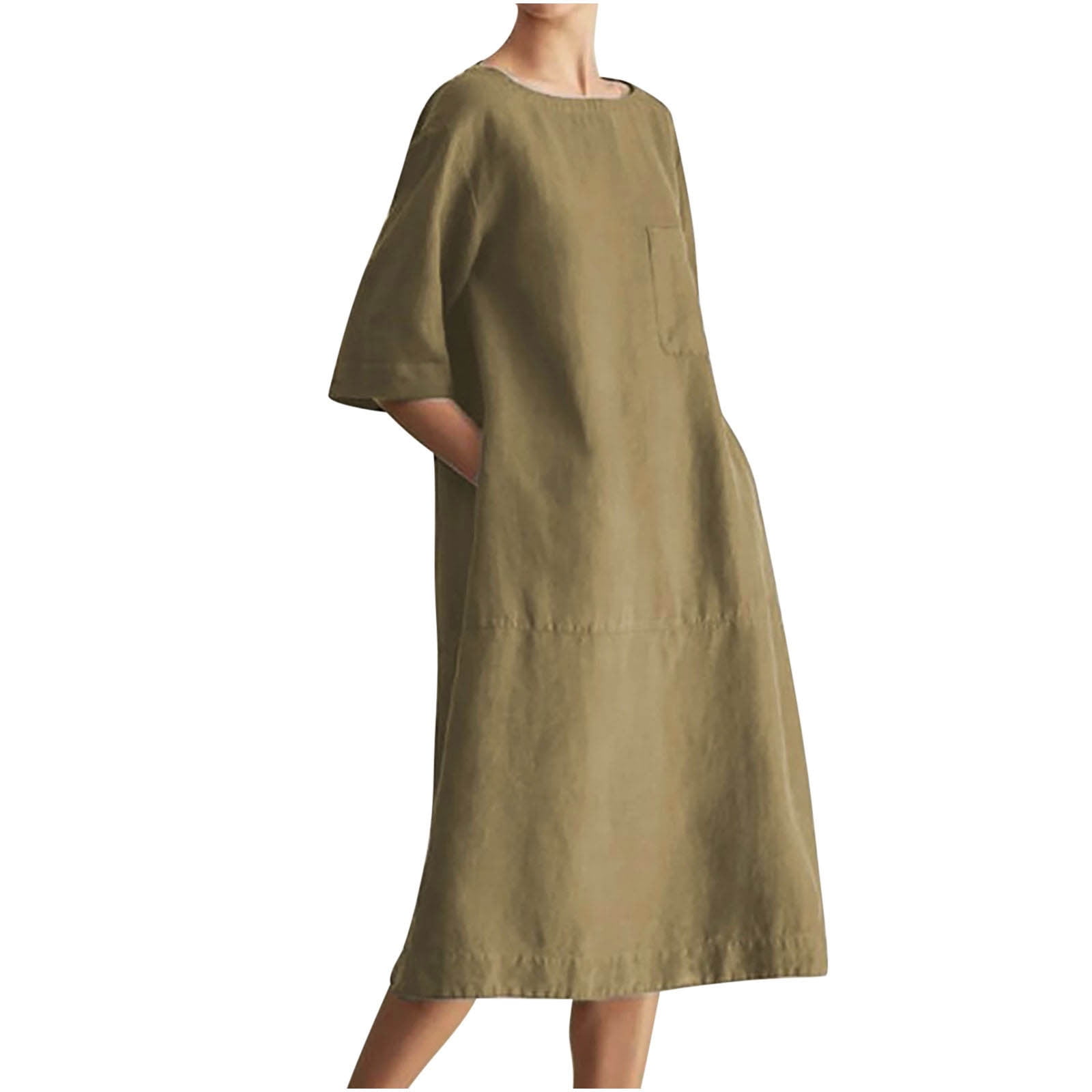 Akivide Women's Cotton Linen Midi Dress - Half Sleeve Loose Beach Dress For Summer & Vacation