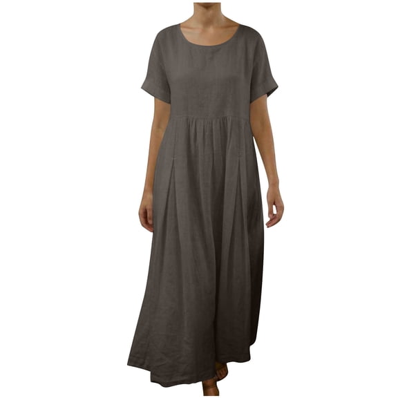 Women Summer Cotton Linen Maxi Dress Casual Vacation Crewneck Short Sleeve T-shirt Dresses Beach Loose Comfy Solid Color Outfits