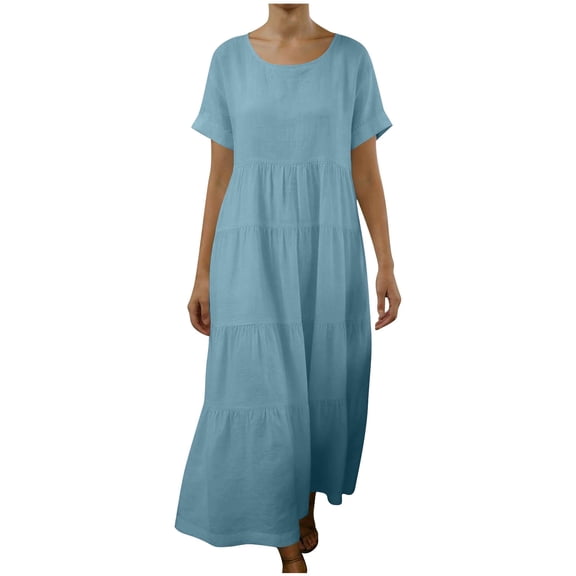 Women Summer Cotton Linen Maxi Dress Casual Vacation Crewneck Short Sleeve T-shirt Dresses Beach Loose Comfy Solid Color Outfits