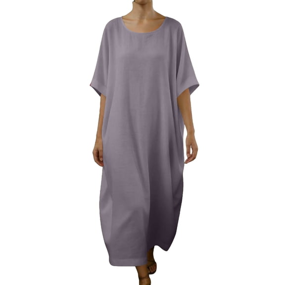 Women Summer Cotton Linen Maxi Dress Casual Vacation Crewneck Short Sleeve T-shirt Dresses Beach Loose Comfy Solid Color Outfits