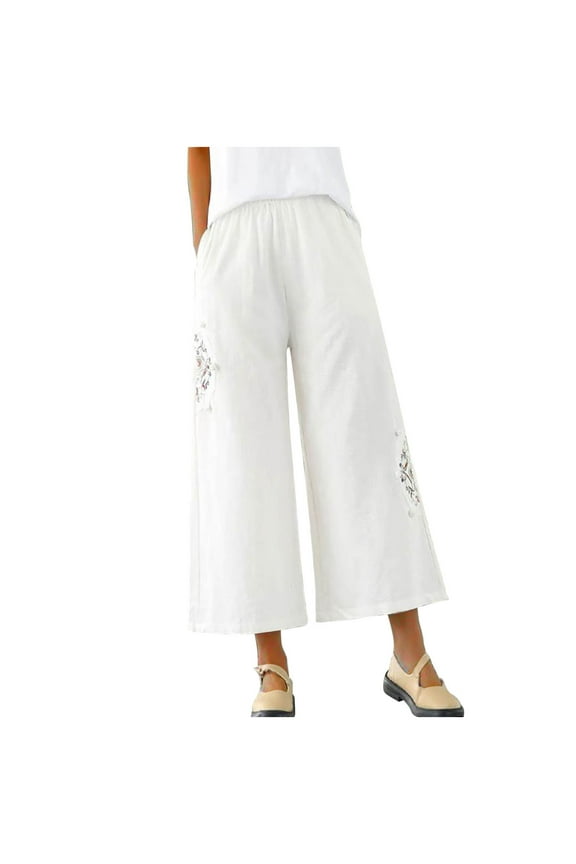 Women Summer Cotton Linen Palazzo Pants Plus Size Casual Ethnic Embroidery Crop Pants Capri Work Straight Leg Trouser