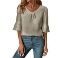 thumbnail image 1 of Women Summer Cotton Linen Shirts Vacation Casual V Neck Ruffle Half Sleeve Tshirts Beach Loose Comfy Soft Solid Color Tops, 1 of 5