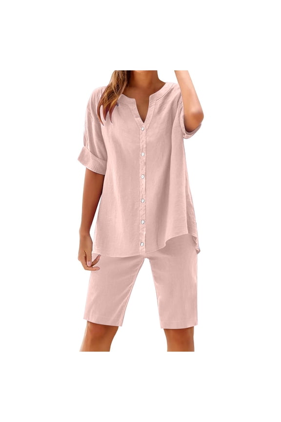 Women Summer Cotton Linen Short Sets Short Sleeve Button Down Shirts Matching Sets Lounge Beach Vacation Tracksuits