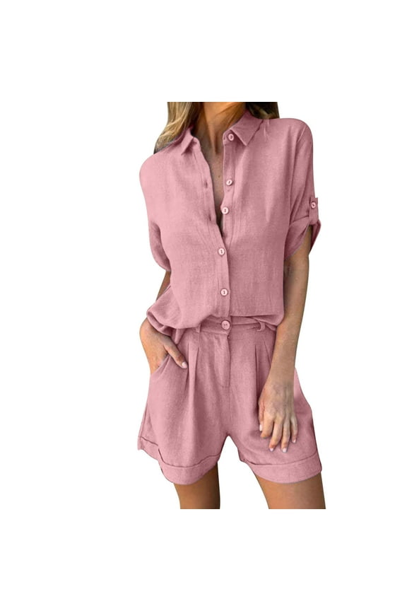 Women Summer Cotton Linen Short Sets Two Piece Button Down Shirts and Drawstring Shorts Beach Vacation Tracksuits