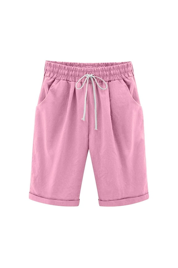 Women Summer Cotton Linen Shorts Knee Length High Waisted Bermuda Shorts Drawstring Elastic Waist Sports Lounge Pant with Pockets