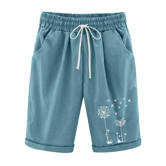 Women Summer Cotton Linen Shorts Knee Length High Waisted Bermuda Shorts Drawstring Elastic Waist Sports Lounge Pant with Pockets