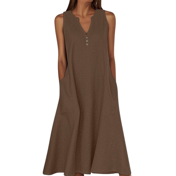 Women Summer Cotton Linen Sundress Vacation Loose V Neck Button Sleeveless Dress Beach Casual Soft Maxi Dresses With Pockets