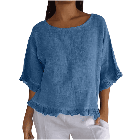 Women Summer Cotton Linen T Shirts Solid Cotton and Linen Ruffle Pleated Hem Tops Half Sleeve Round Neck Casual Shirt Comfortable Shirts