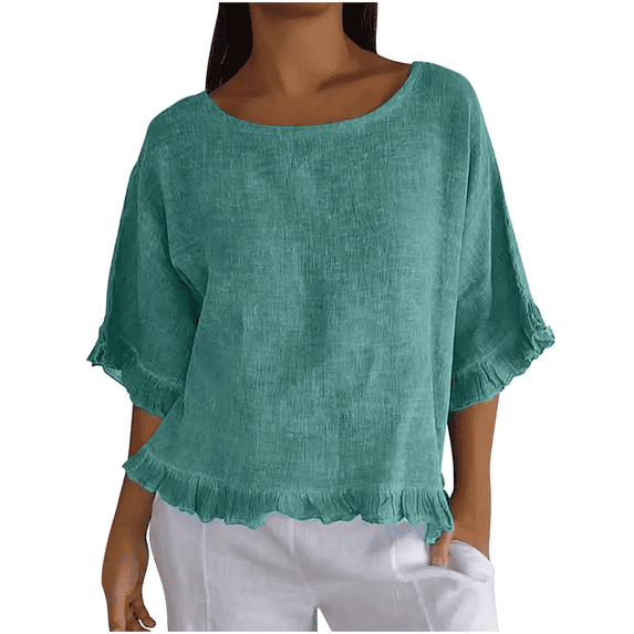 Women Summer Cotton Linen T Shirts Solid Cotton and Linen Ruffle Pleated Hem Tops Half Sleeve Round Neck Casual Shirt Comfortable Shirts