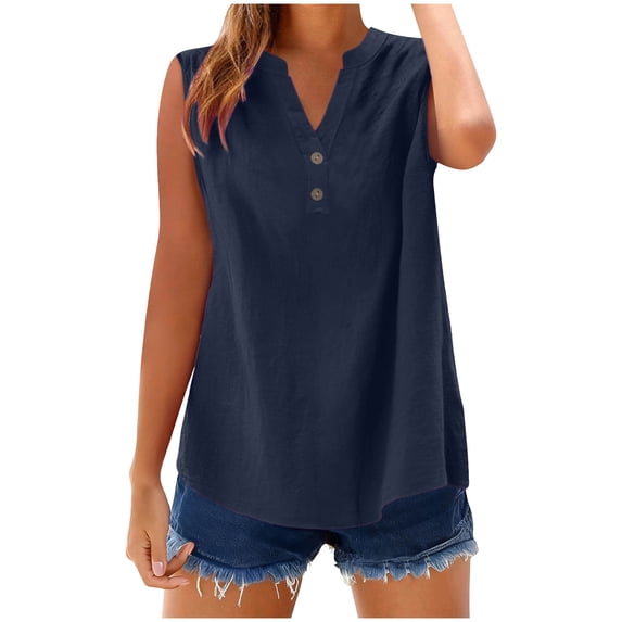 Women Summer Cotton Linen Tank Tops Casual Beach Henley Sleeveless Tshirts Vacation Loose Comfy Soft Solid Color Camisole
