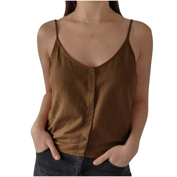 Women Summer Cotton Linen Tank Tops Casual V Neck Strappy Loose Beach Vacation Sleeveless Shirts Blouses