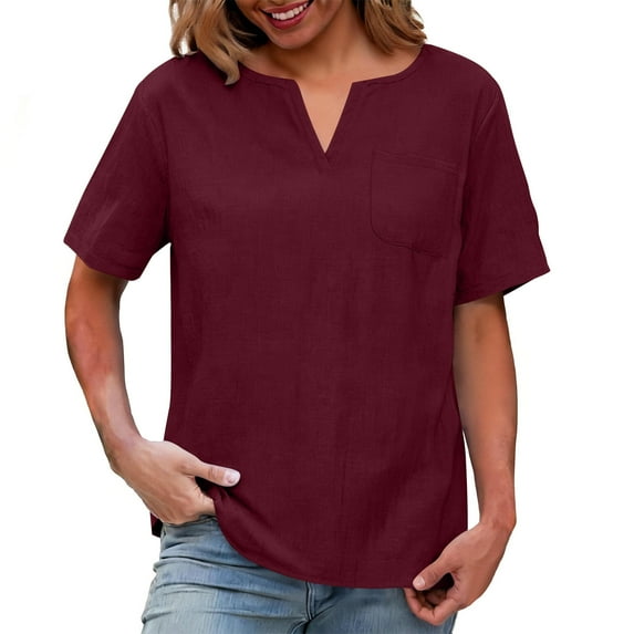 Women Summer Cotton Linen Tshirts Casual Crewneck Short Sleeve Solid Color Blouses Loose Fit Comfy Soft Tops With Pcokets