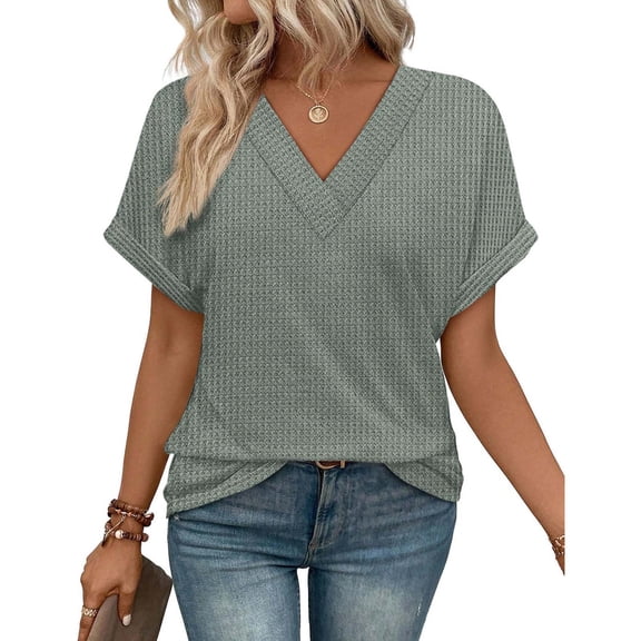 Women Summer Cotton Linen Tshirts Casual Loose Henley Roll Up Short Sleeve Tees Trendy Comfy Soft Solid Color Tunic Tops