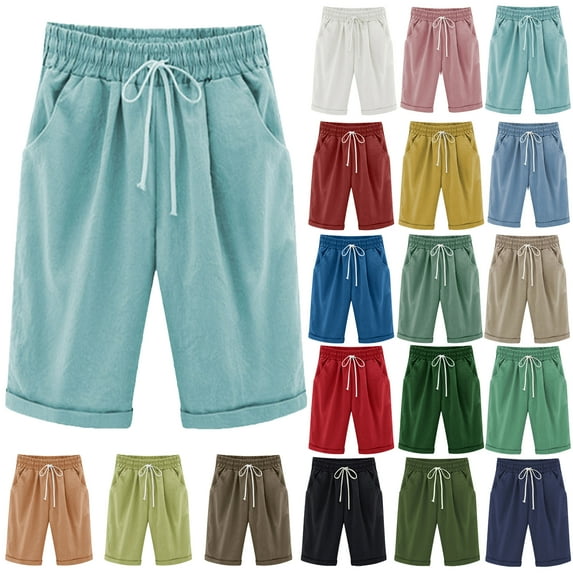 Women Summer Cotton Pants Plus Size High Waisted Shorts Lacing Beach Workout Pocket Five Point Pants
