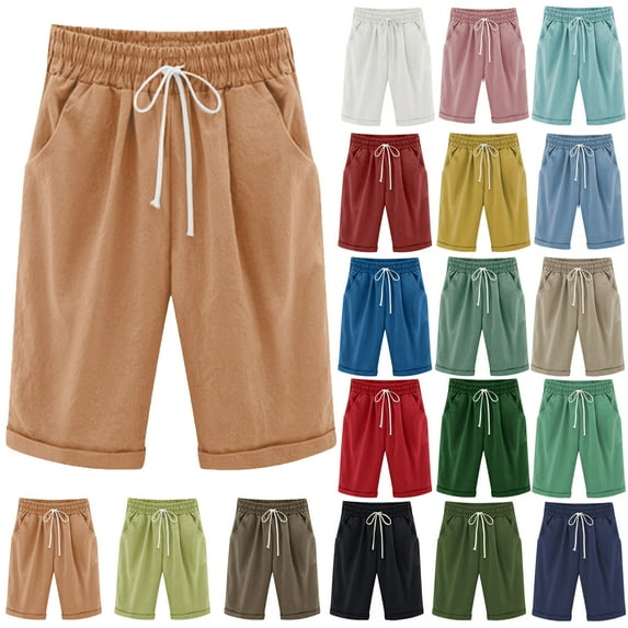 Women Summer Cotton Pants Plus Size High Waisted Shorts Lacing Beach Workout Pocket Five Point Pants