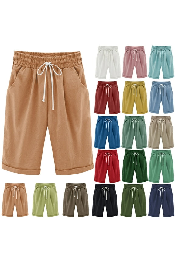 Women Summer Cotton Pants Plus Size High Waisted Shorts Lacing Beach Workout Pocket Five Point Pants