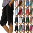thumbnail image 1 of Summer Savings Linen Pants Women Solid Color Loose Straight Crop Pants With Pockets Side Slit Buttons Pants Casual Summer Vacation Beach Party Plus Size S-5XL, 1 of 7