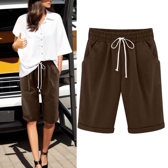 Women Summer Cotton Plus Size Shorts - High Waisted, Lacing Design - Five Point Pants with Pockets, Polyester - Breathable for Beach & Workout