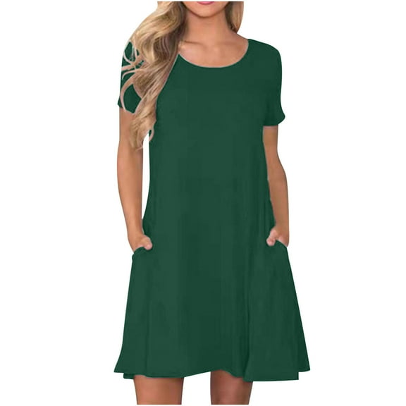 Women Summer Crewneck Swing Dress Casual Short Sleeve Mini Dress with Pockets