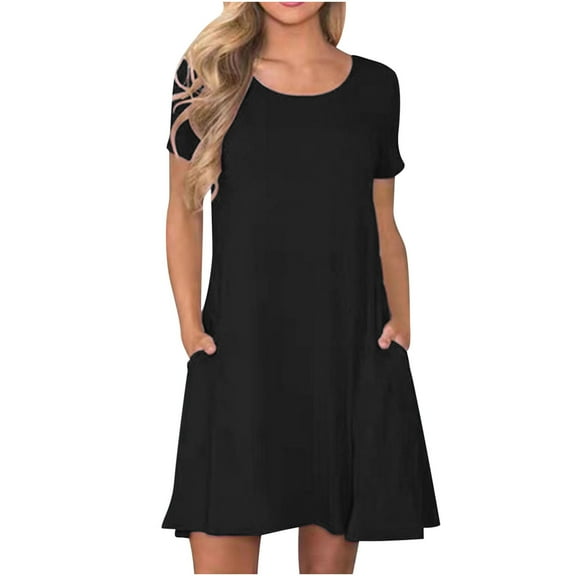 Women Summer Crewneck Swing Dress Casual Short Sleeve Mini Dress with Pockets