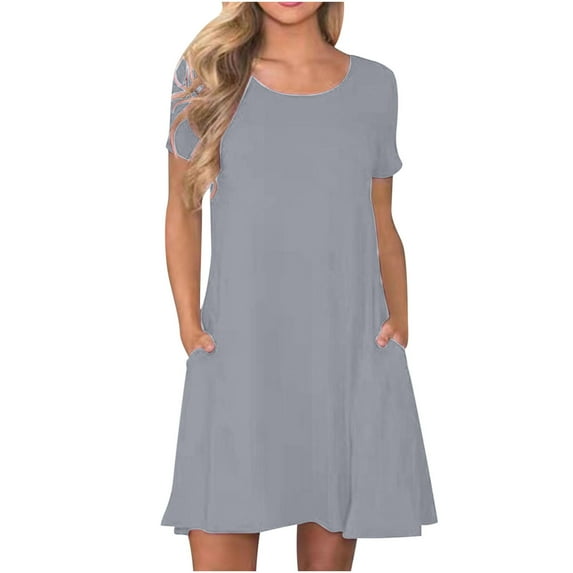 Women Summer Crewneck Swing Dress Casual Short Sleeve Mini Dress with Pockets