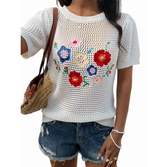 Women Summer Crochet Tops Scoop Neck Short Sleeve Pullover Sweater Hollow Out Knit Tops White S