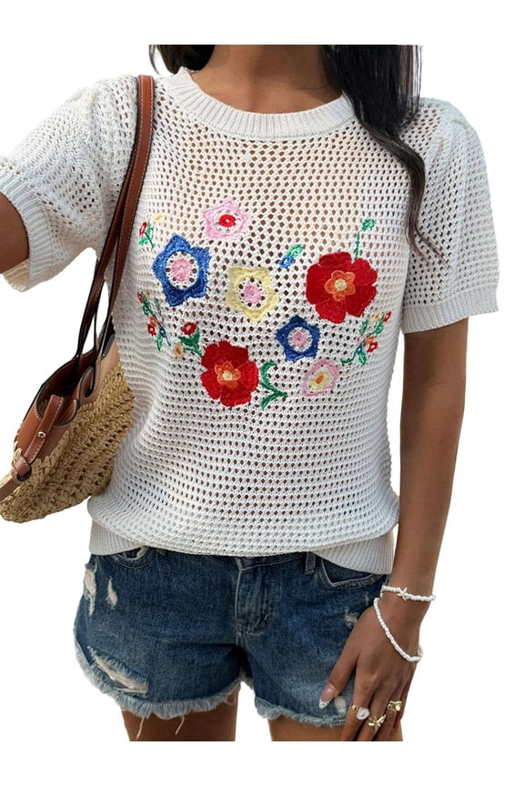 Women Summer Crochet Tops Scoop Neck Short Sleeve Pullover Sweater Hollow Out Knit Tops White S