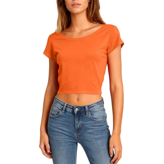 Women Summer Crop T Shirts Casual Vacation Crewneck Backless Short Sleeve Tees Beach Loose Comfy Soft Solid Color Cropped Tops