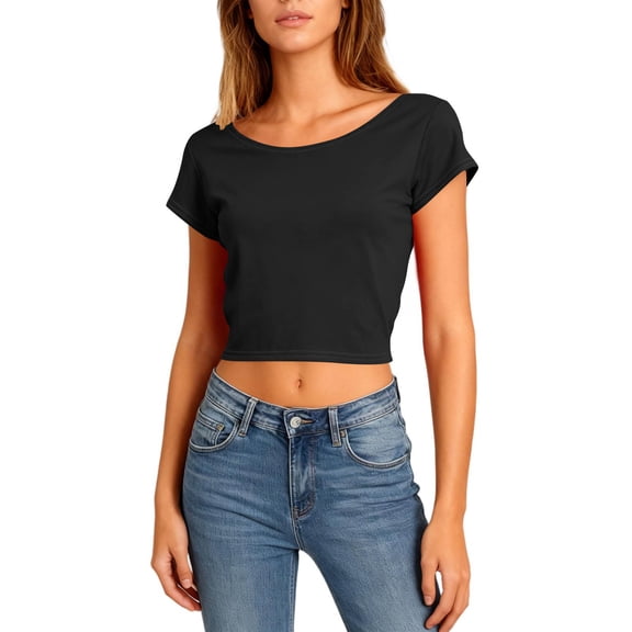 Women Summer Crop T Shirts Casual Vacation Crewneck Backless Short Sleeve Tees Beach Loose Comfy Soft Solid Color Cropped Tops