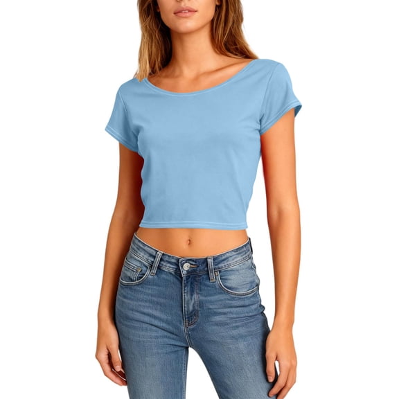 Women Summer Crop T Shirts Casual Vacation Crewneck Backless Short Sleeve Tees Beach Loose Comfy Soft Solid Color Cropped Tops