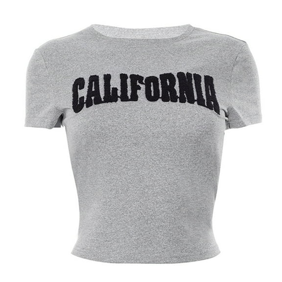 Women Summer Crop Tops Letter Embroidery Crew Neck Short Sleeve T-Shirts Slim Fit Shirts Streetwear