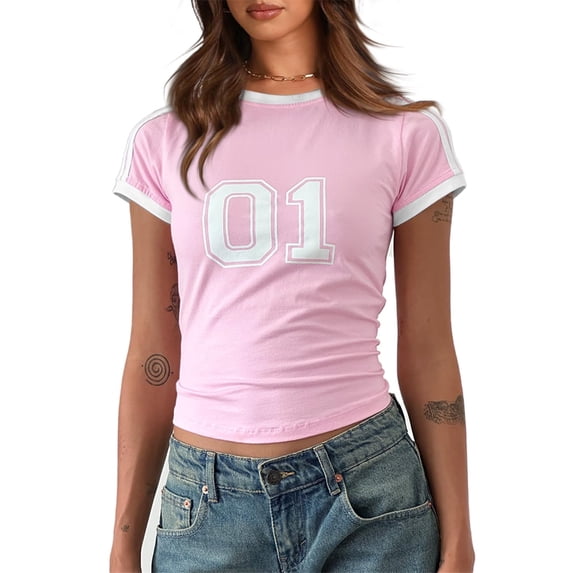Women Summer Crop Tops Letter Print Short Sleeve Slim T Shirt