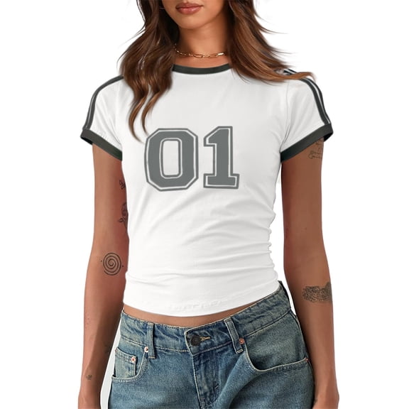 Women Summer Crop Tops Letter Print Short Sleeve Slim T Shirt