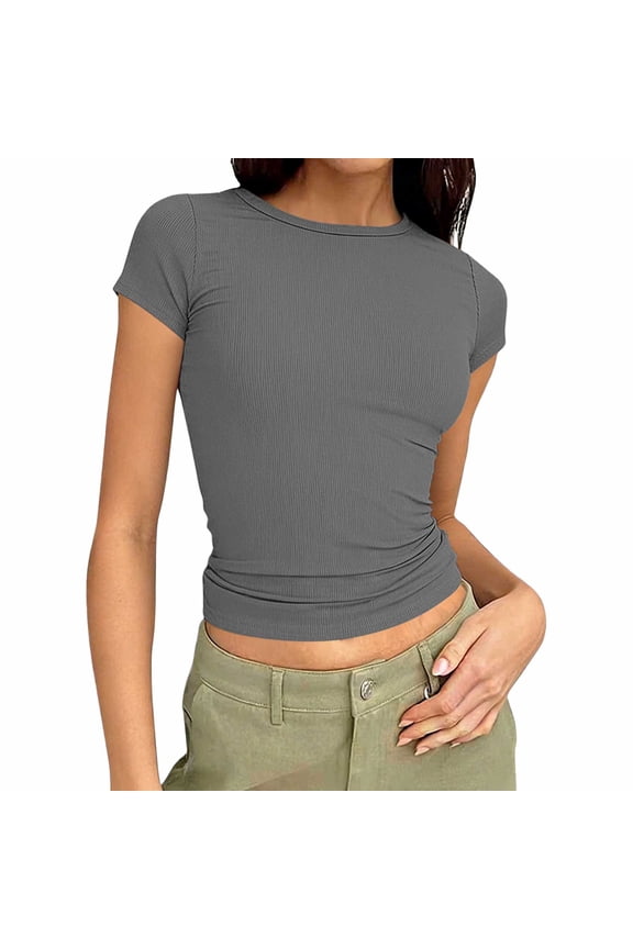 Women Summer Crop Tshirts Slim Crewneck Short Sleeve Tees Basic Comfy Soft Stretch Shirts Trendy Solid Color Cropped Tops