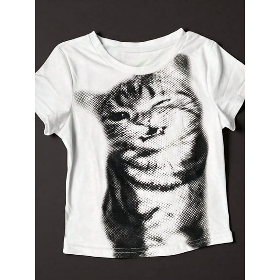 Women Summer Cute Cat Face Print Short White Crew Neck T-Shirt