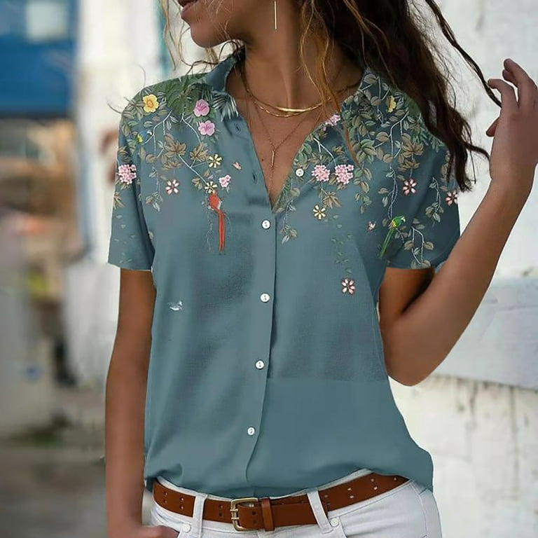 Women Summer Cute Shirts Fashion Short Sleeve V Neck Casual Tee Floral  Print Button Down Loose Shirt Comfy Blouse