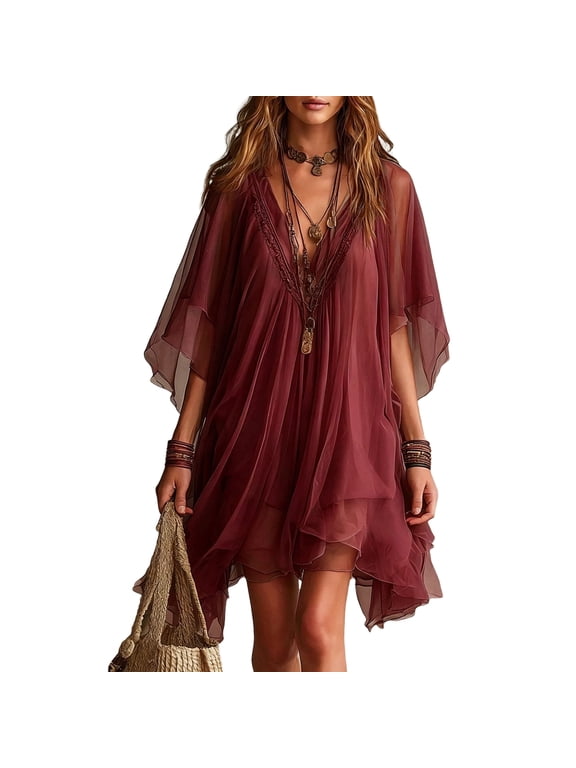 Women Summer Deep V-Neck Chiffon Mini Dress Sleeve Beach Casual Mini Dress V Neck Lace Trim Flutter Short Sleeve