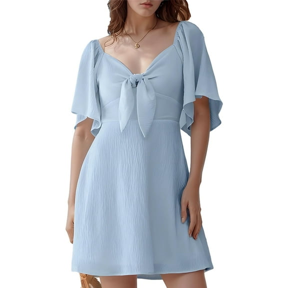 Women Summer Deep V Neck Elegant Bow Tie Mini Dress Light Blue S