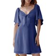 thumbnail image 1 of Women Summer Deep V Neck Elegant Bow Tie Mini Dress Navy Blue M, 1 of 8
