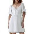 thumbnail image 1 of Women Summer Deep V Neck Elegant Bow Tie Mini Dress White XL, 1 of 8