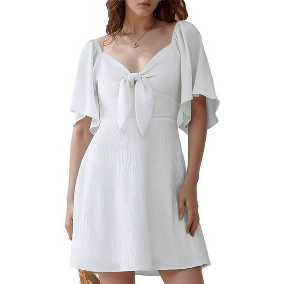 Women Summer Deep V Neck Elegant Bow Tie Mini Dress White XL