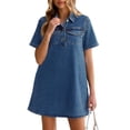 thumbnail image 1 of Women Summer Denim Dress Short Sleeve Button Down Collared Loose Fit Casual Jean Mini Dress, 1 of 7