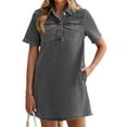 thumbnail image 1 of Women Summer Denim Dress Short Sleeve Button Down Collared Loose Fit Casual Jean Mini Dress, 1 of 7