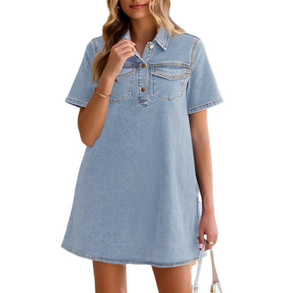 Women Summer Denim Dress Short Sleeve Button Down Collared Loose Fit Casual Jean Mini Dress